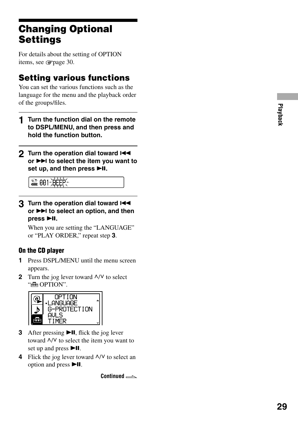 Changing optional settings, Setting various functions | Sony D-NE920 User Manual | Page 29 / 43