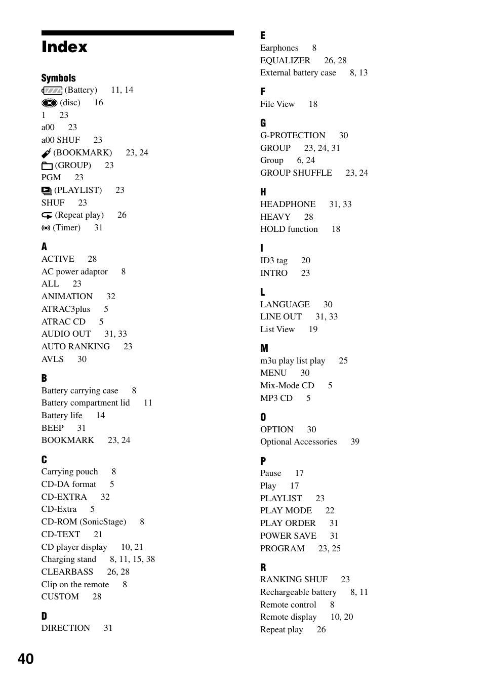 Index | Sony D-NE920 User Manual | Page 40 / 43