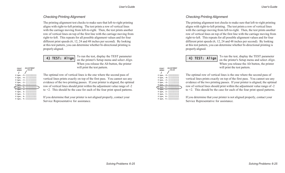 4) test: align, Checking printing alignment, User's guide solving problems 6-25 | AMT Datasouth ACCEL-6300 User Manual | Page 142 / 257