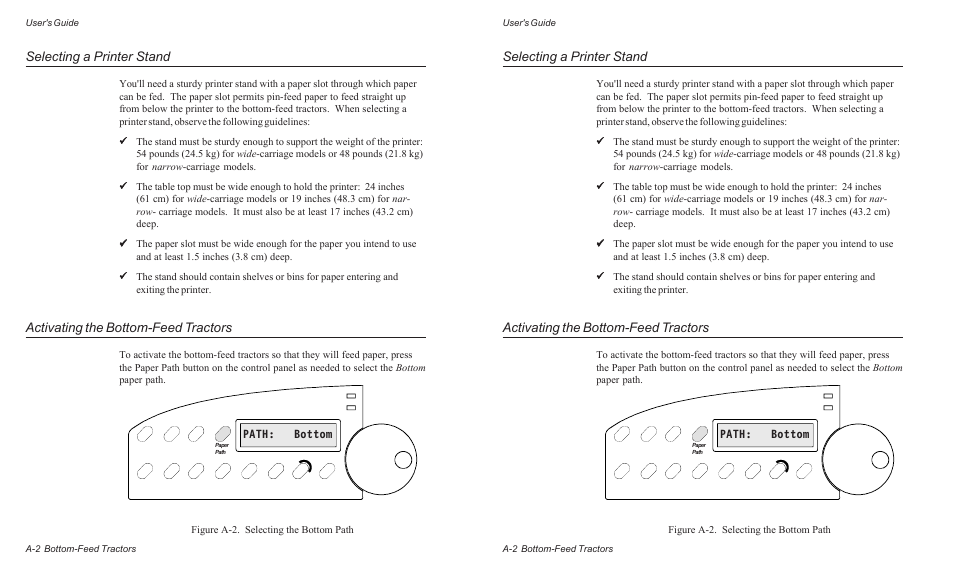 Selecting a printer stand, Activating the bottom-feed tractors, Path: bottom | AMT Datasouth ACCEL-6300 User Manual | Page 153 / 257