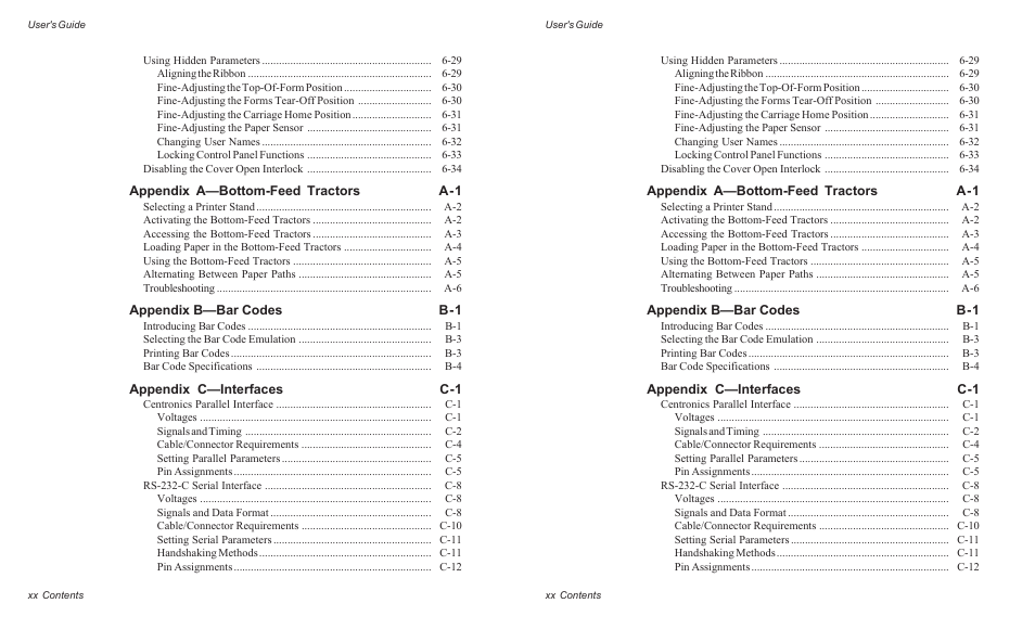 Appendix a—bottom-feed tractors a-1, Appendix b—bar codes b-1, Appendix c—interfaces c-1 | AMT Datasouth ACCEL-6300 User Manual | Page 21 / 257