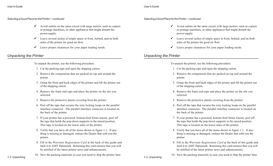 Unpacking the printer | AMT Datasouth ACCEL-6300 User Manual | Page 29 / 257