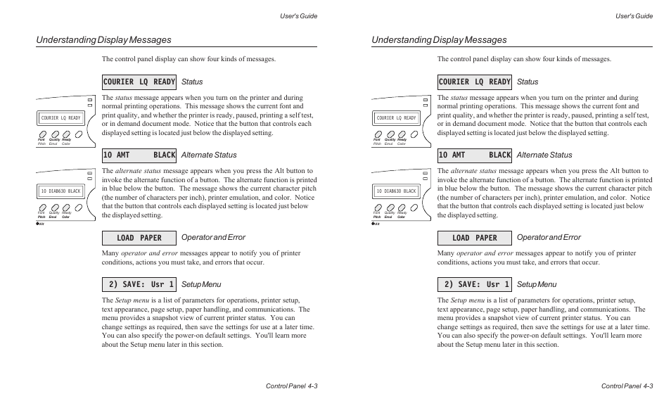 Understanding display messages, Status, Alternate status | Operator and error, Setup menu | AMT Datasouth ACCEL-6300 User Manual | Page 66 / 257