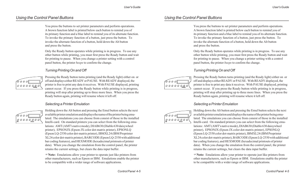 Using the control panel buttons, Turning printing on and off, Selecting a printer emulation | AMT Datasouth ACCEL-6300 User Manual | Page 68 / 257