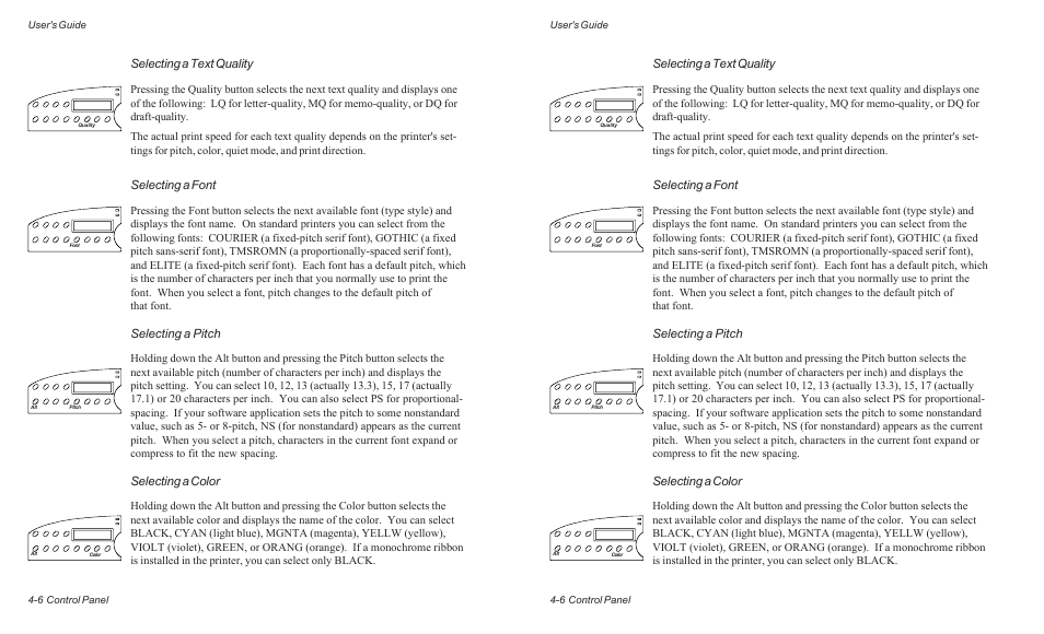 Selecting a text quality, Selecting a font, Selecting a pitch | Selecting a color | AMT Datasouth ACCEL-6300 User Manual | Page 69 / 257