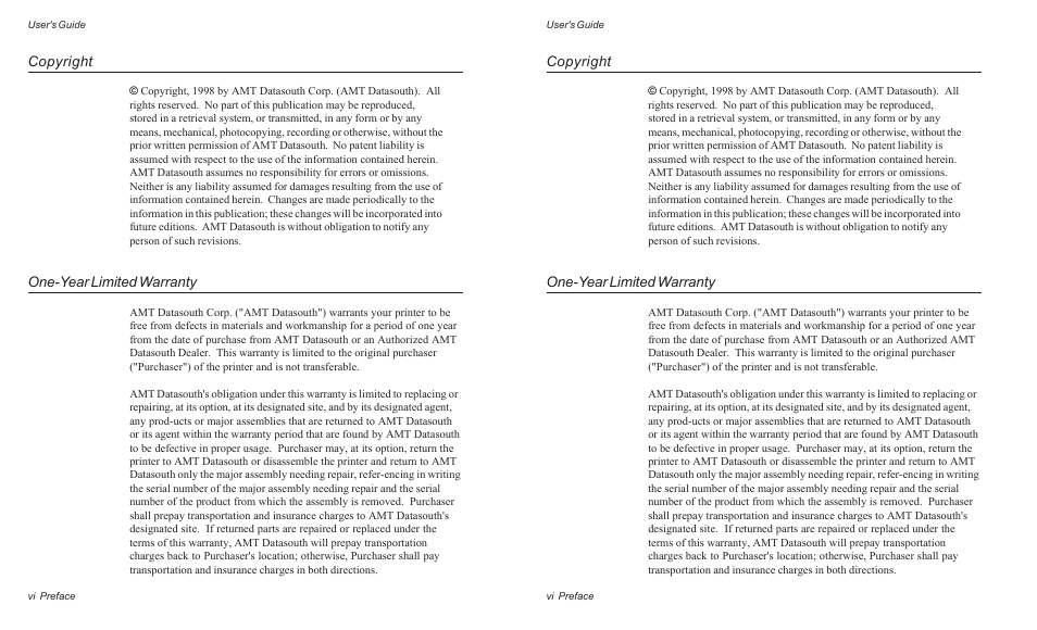 Copyright, One-year limited warranty | AMT Datasouth ACCEL-6300 User Manual | Page 7 / 257