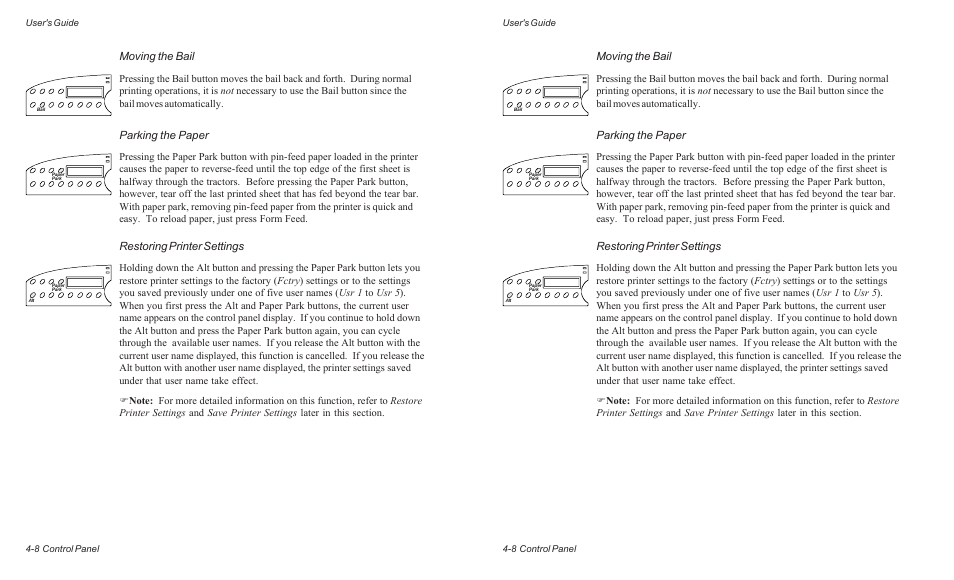 Moving the bail, Parking the paper, Restoring printer settings | AMT Datasouth ACCEL-6300 User Manual | Page 71 / 257