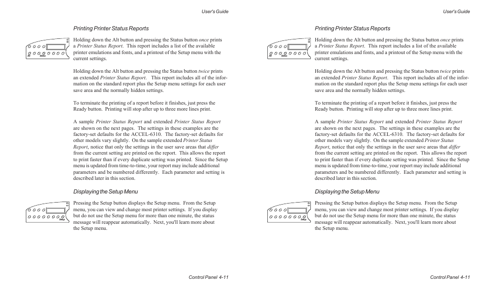 Printing printer status reports, Displaying the setup menu | AMT Datasouth ACCEL-6300 User Manual | Page 74 / 257