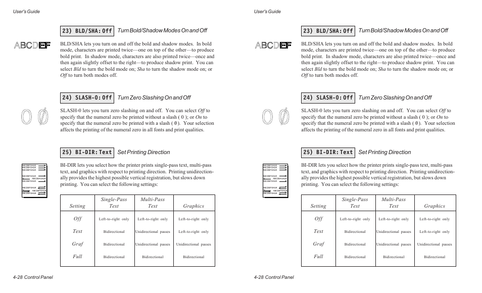 23) bld/sha: off 25) bi-dir: text, 24) slash-0: off, Turn bold/shadow modes on and off | Turn zero slashing on and off, Set printing direction | AMT Datasouth ACCEL-6300 User Manual | Page 91 / 257