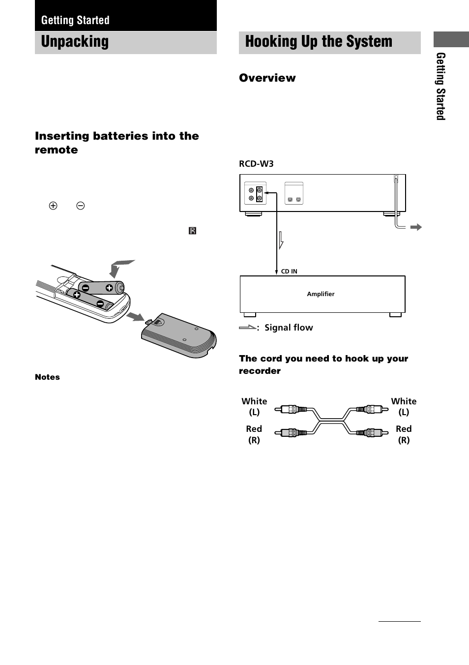 Unpacking, Hooking up the system | Sony RCD-W3 User Manual | Page 5 / 24