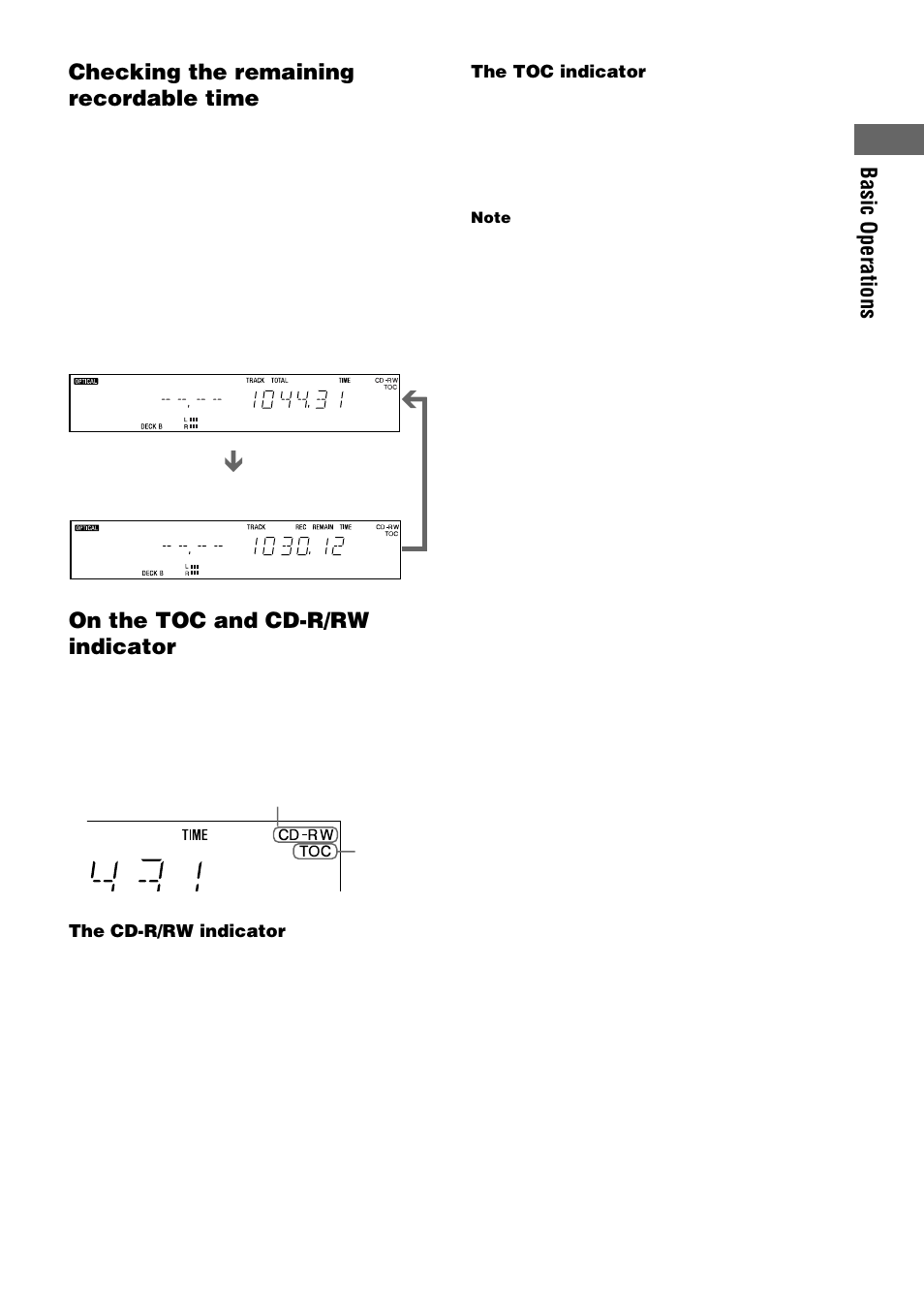 Basic operations, Checking the remaining recordable time, On the toc and cd-r/rw indicator | Sony RCD-W3 User Manual | Page 9 / 24