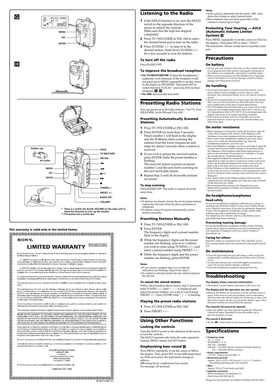 Glistening to the radio, Presetting radio stations, Using other functions | Precautions, Troubleshooting, Specifications | Sony WM-FS555J User Manual | Page 2 / 2