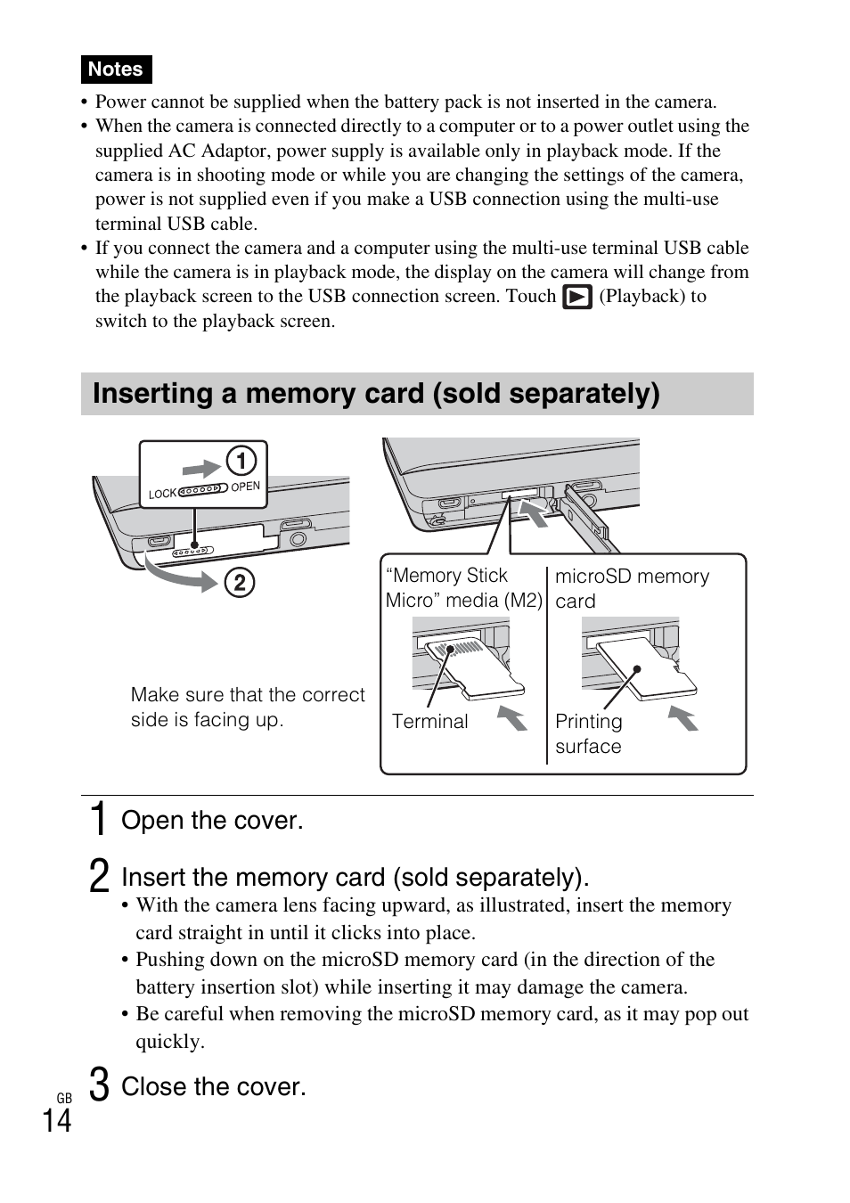 Inserting a memory card (sold separately) | Sony DSC-TX66 User Manual | Page 14 / 64