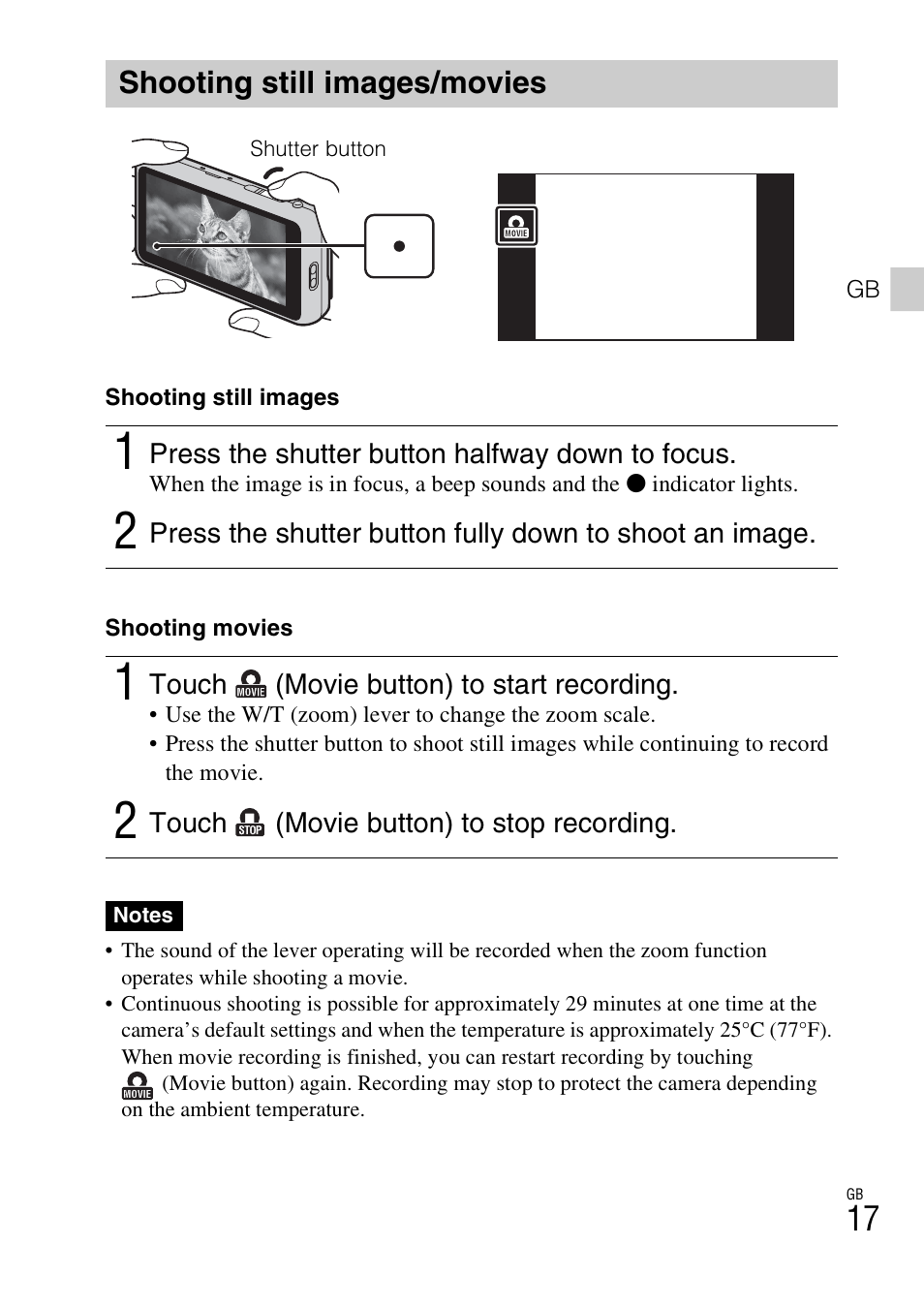 Shooting still images/movies | Sony DSC-TX66 User Manual | Page 17 / 64