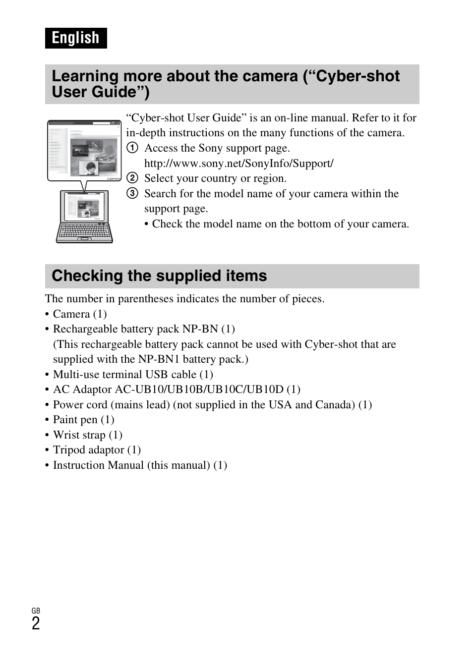 English, Checking the supplied items | Sony DSC-TX66 User Manual | Page 2 / 64