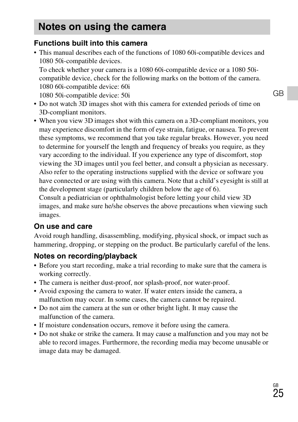 Notes on using the camera | Sony DSC-TX66 User Manual | Page 25 / 64
