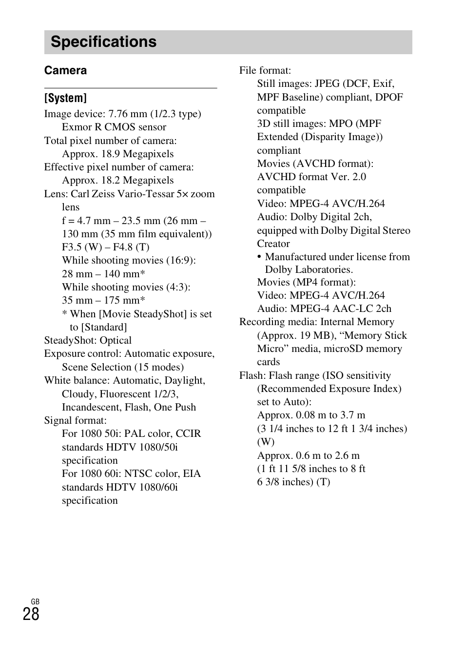 Specifications | Sony DSC-TX66 User Manual | Page 28 / 64