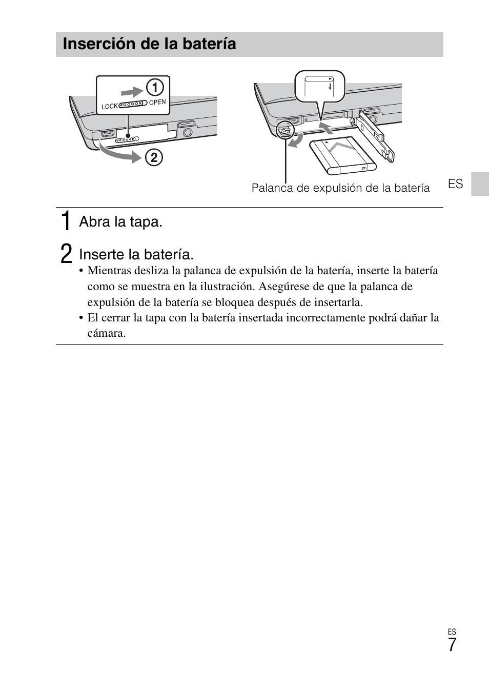 Inserción de la batería | Sony DSC-TX66 User Manual | Page 37 / 64