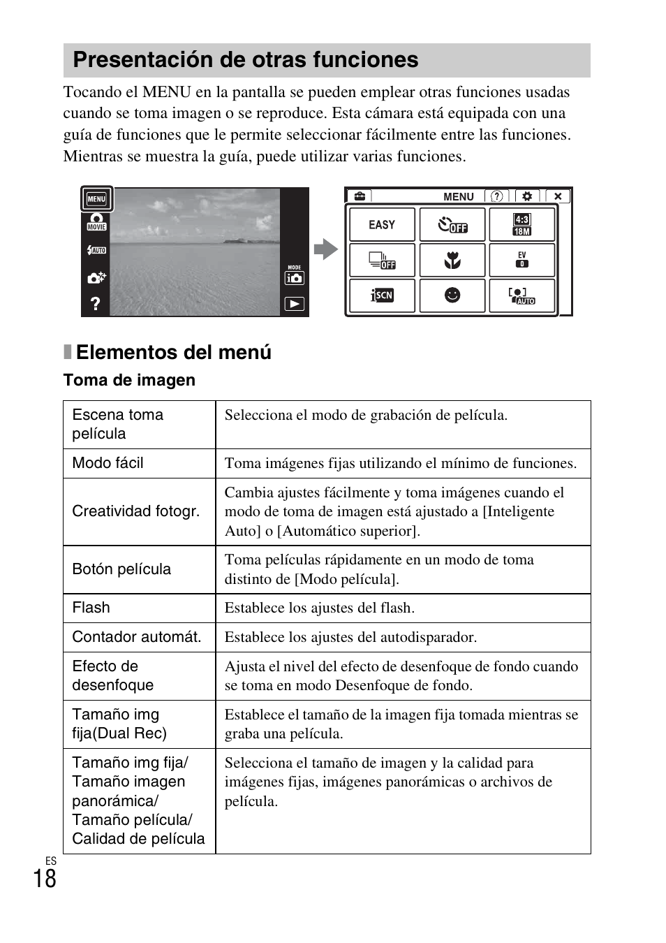 Presentación de otras funciones, Xelementos del menú | Sony DSC-TX66 User Manual | Page 48 / 64