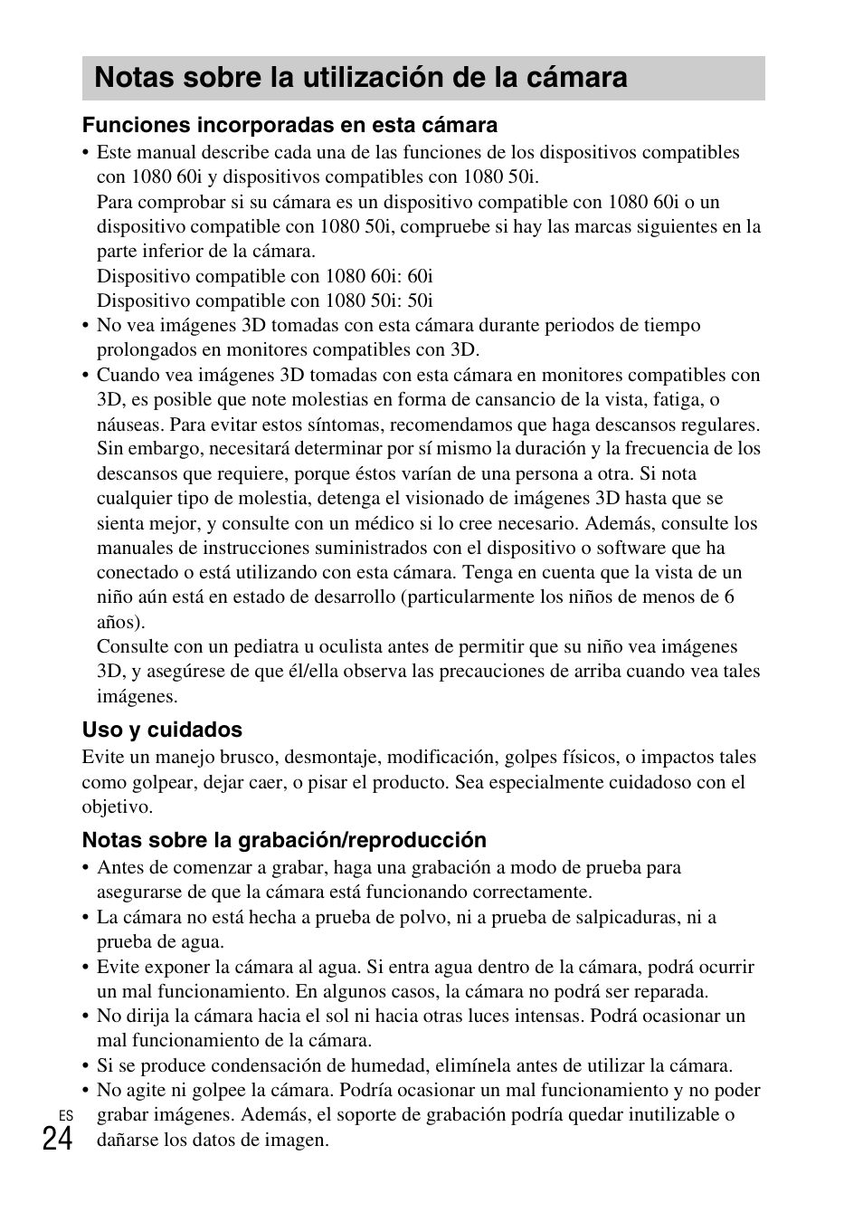 Notas sobre la utilización de la cámara | Sony DSC-TX66 User Manual | Page 54 / 64