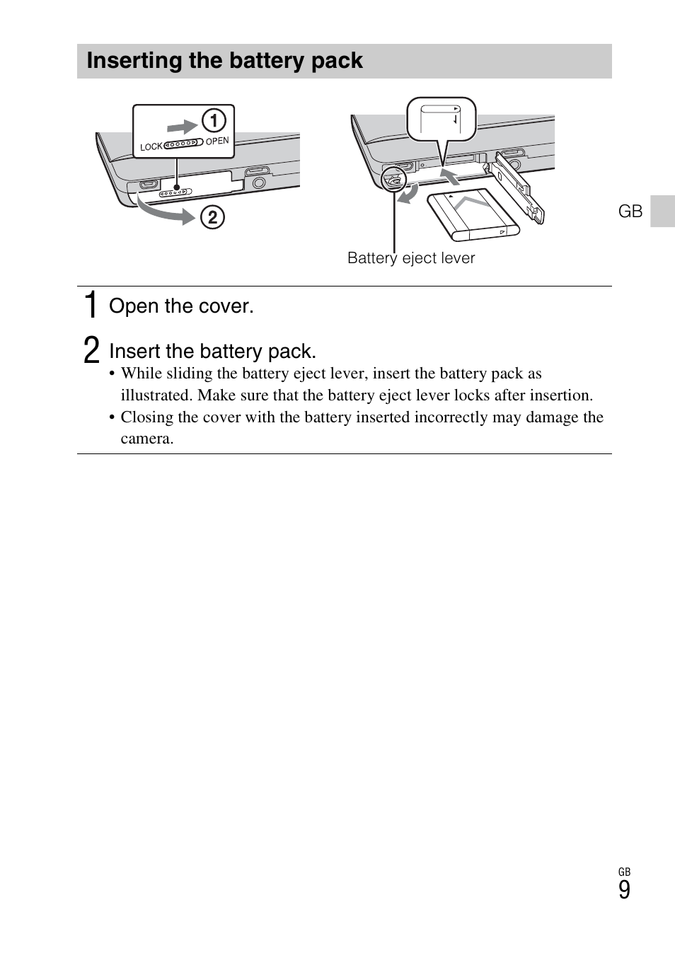 Inserting the battery pack | Sony DSC-TX66 User Manual | Page 9 / 64