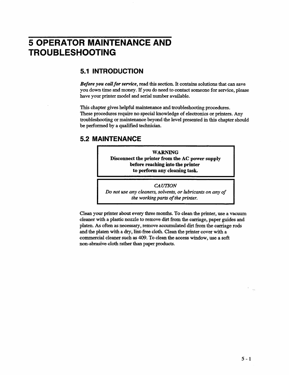 5 operator maintenance and troubleshooting, 1 introduction, 2 maintenance | 5 operator maintenance and troubleshooting -1, Introduction -1, Maintenance -1 | AMT Datasouth 41AY89AR777 User Manual | Page 112 / 202
