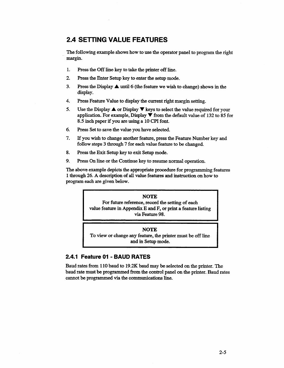 4 setting value features, 1 feature 01 - baud rates, Setting value features -5 | AMT Datasouth 41AY89AR777 User Manual | Page 32 / 202