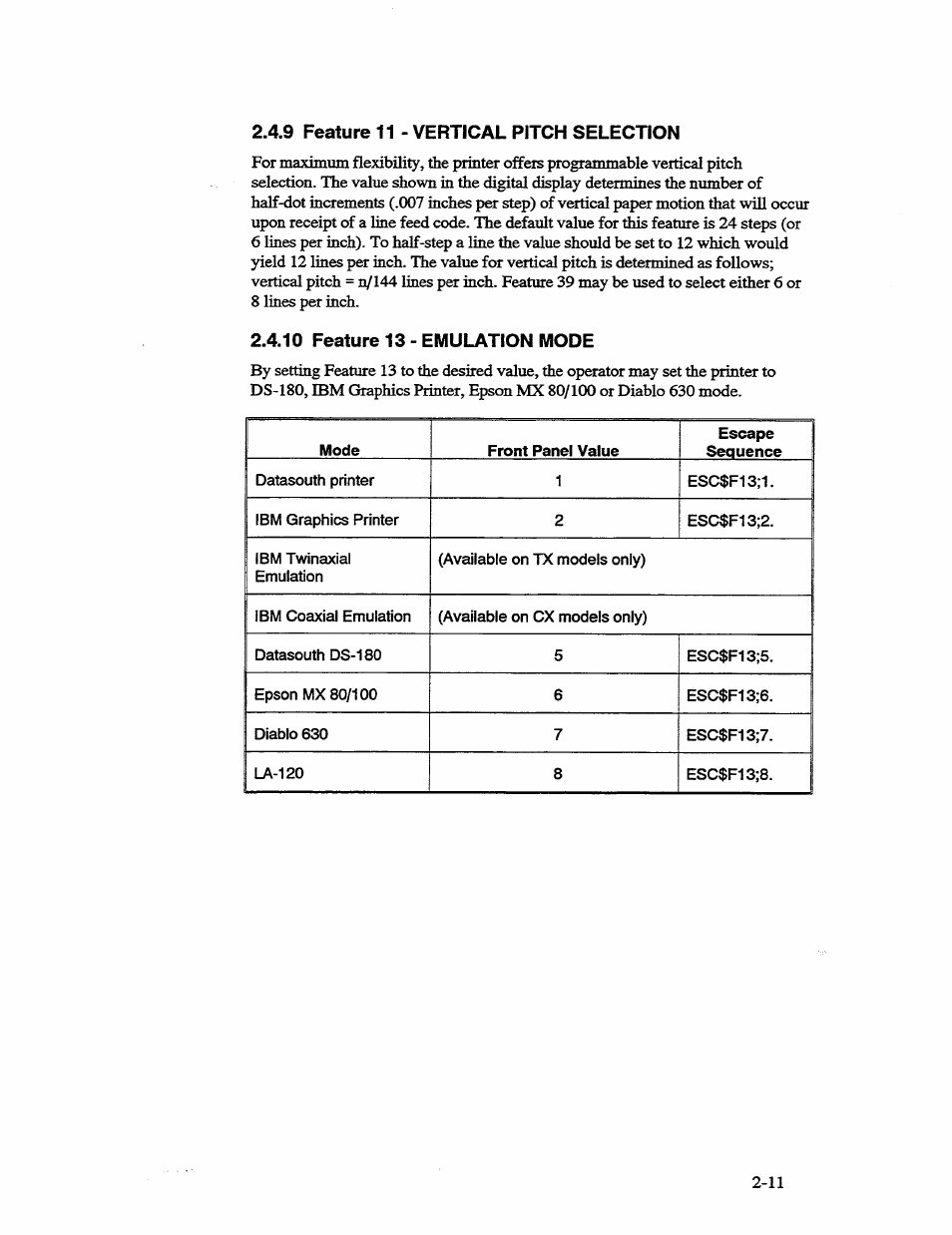 9 feature 11 - vertical pitch selection, 10 feature 13 - emulation mode | AMT Datasouth 41AY89AR777 User Manual | Page 38 / 202