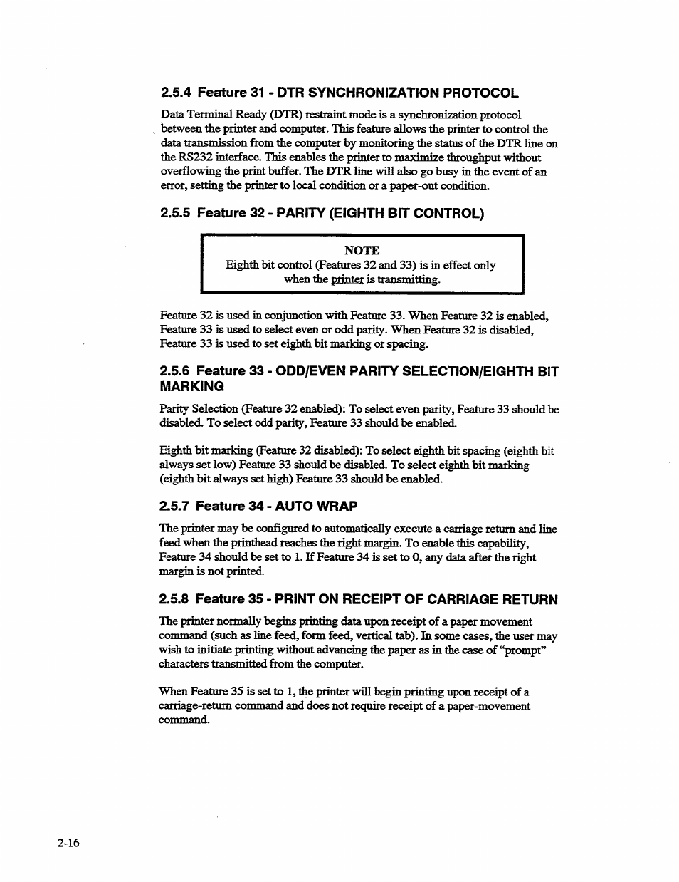 4 feature 31 - dtr synchronization protocol, 5 feature 32 - parity (eighth bit control), 7 feature34-autowrap | 8 feature 35 - print on receipt of carriage return | AMT Datasouth 41AY89AR777 User Manual | Page 43 / 202