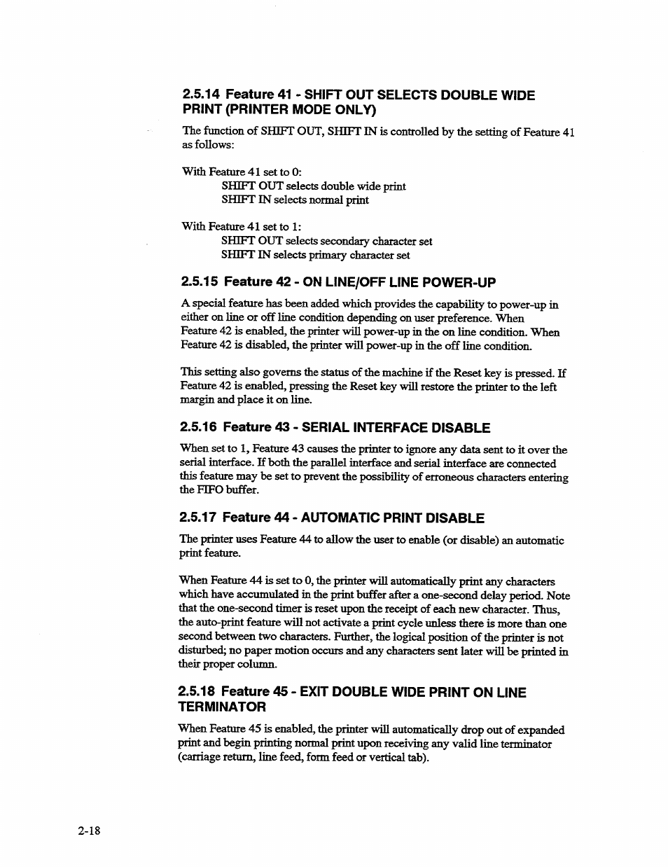 15 feature 42 - on line/off line power-up, 16 feature 43 - serial interface disable, 17 feature 44 - automatic print disable | AMT Datasouth 41AY89AR777 User Manual | Page 45 / 202