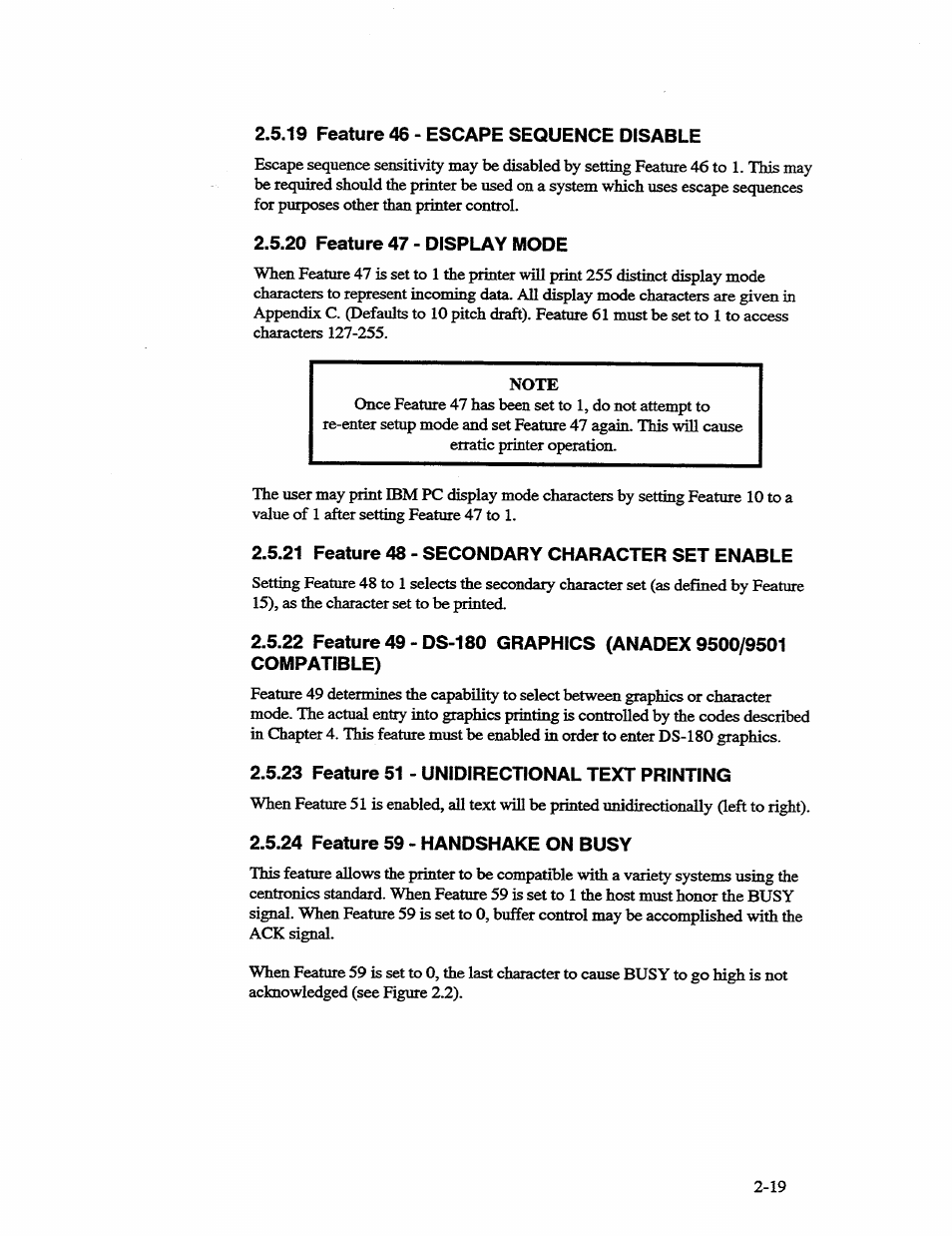 19 feature 46 - escape sequence disable, 20 feature 47 - display mode, 21 feature 48 - secondary character set enable | 23 feature 51 - unidirectional text printing, 24 feature 59 - handshake on busy | AMT Datasouth 41AY89AR777 User Manual | Page 46 / 202