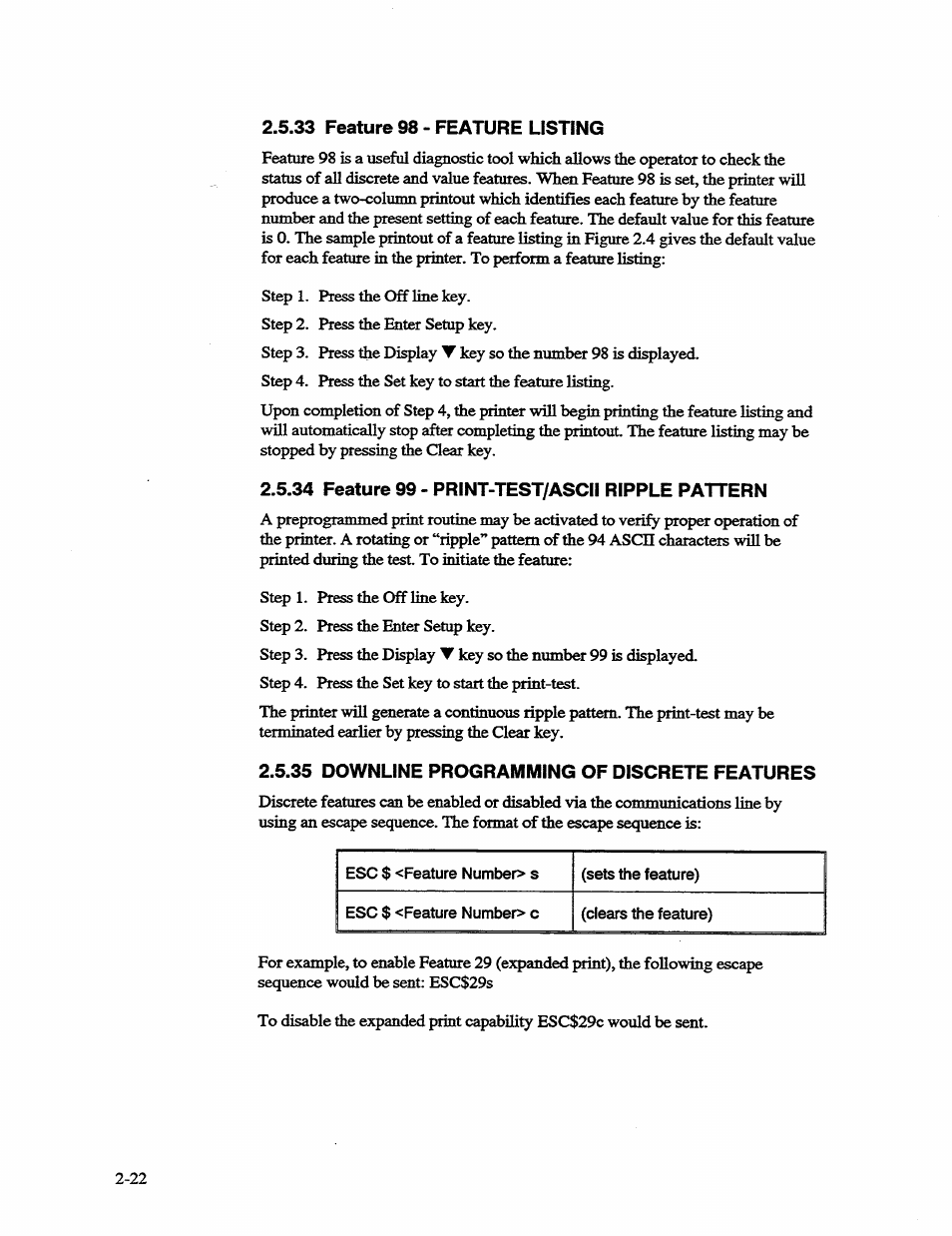 33 feature 98 - feature listing, 34 feature 99 - print-test/ascii ripple pattern, 35 downline programming of discrete features | AMT Datasouth 41AY89AR777 User Manual | Page 49 / 202