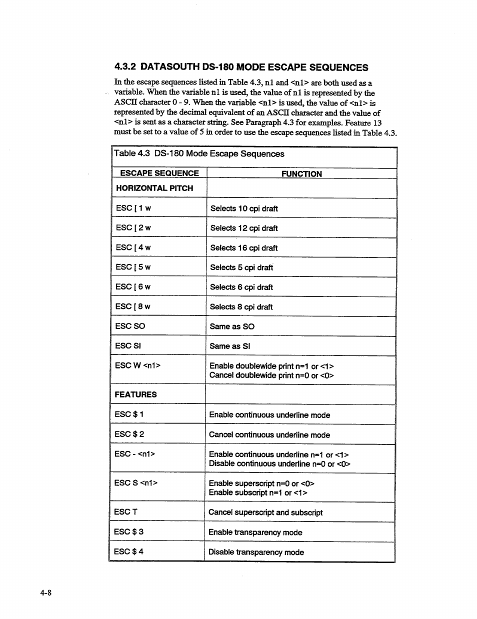 2 datasouth ds-180 mode escape sequences, Tablé 4.3, Ds-180 mode escape sequences -8 | AMT Datasouth 41AY89AR777 User Manual | Page 67 / 202