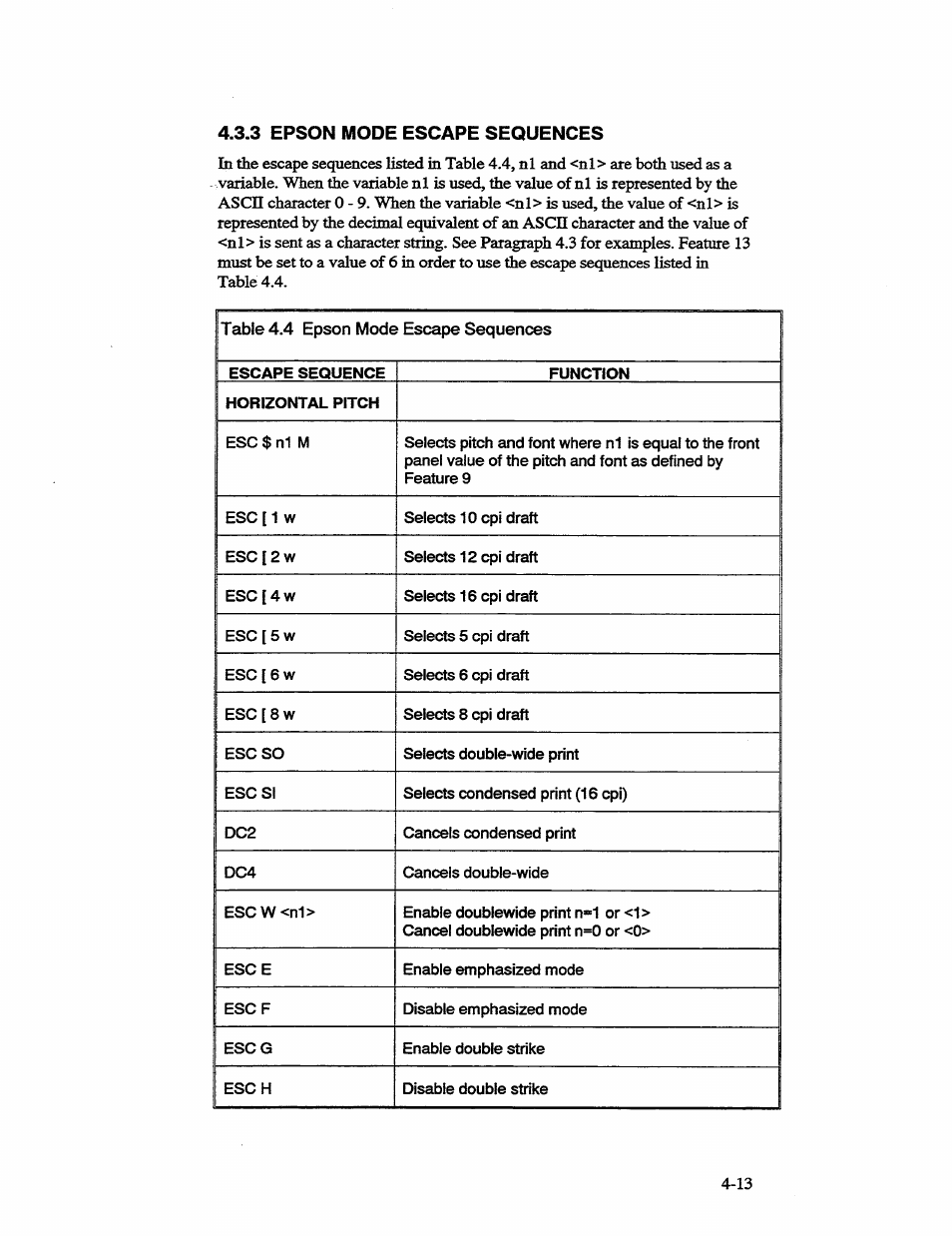 3 epson mode escape sequences, Table 4.4, Epson mode escape sequences -13 | AMT Datasouth 41AY89AR777 User Manual | Page 72 / 202