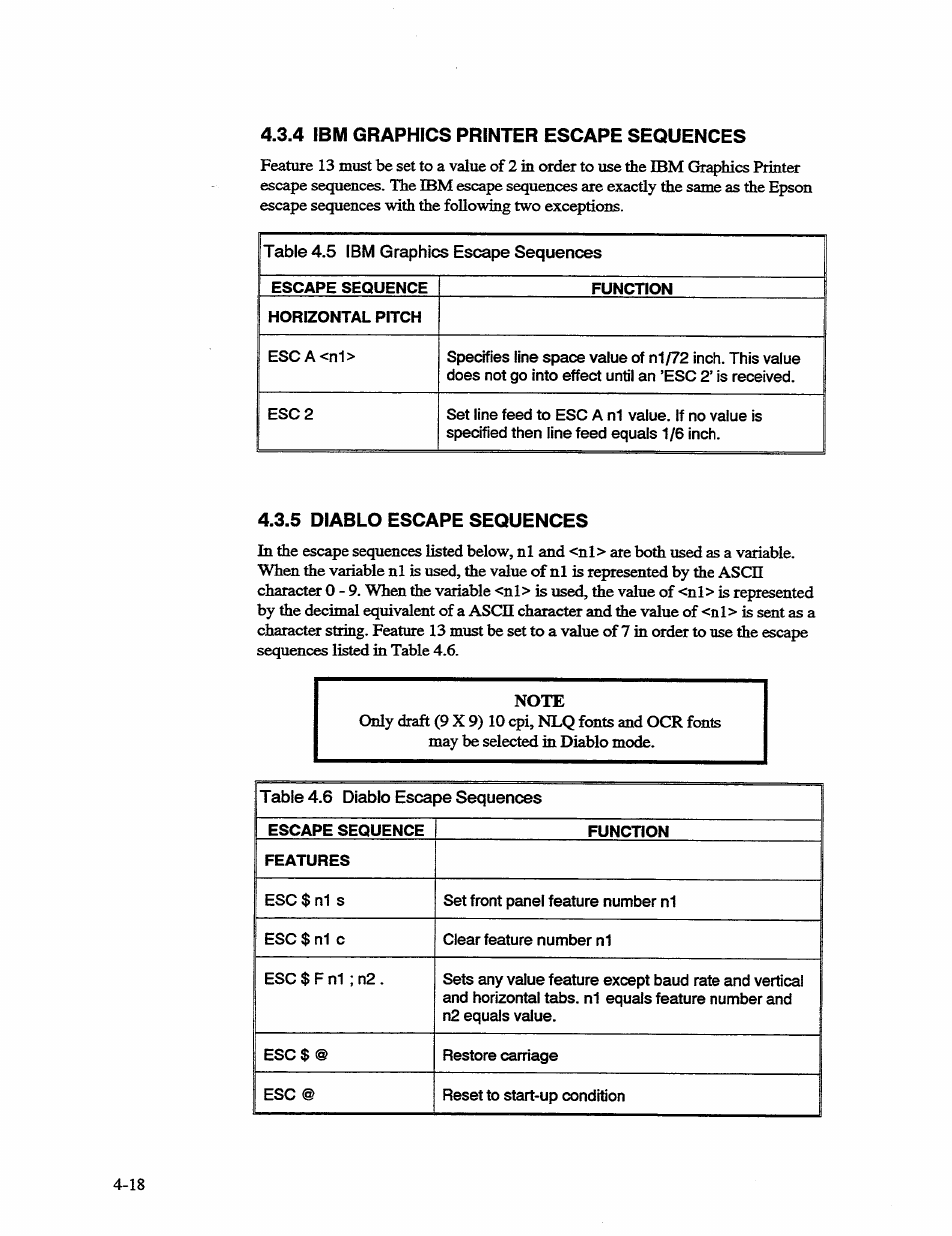 4 ibm graphics printer escape sequences, 5 diablo escape sequences, Table 4.5 | Ibm graphics escape sequences -18, Table 4.6, Diablo escape sequences -18 | AMT Datasouth 41AY89AR777 User Manual | Page 77 / 202