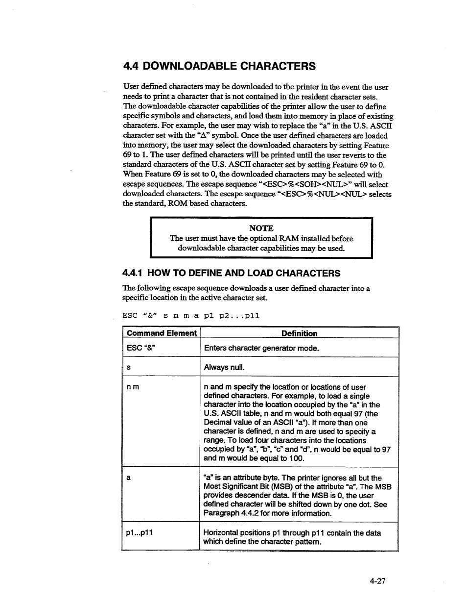 4 downloadable characters, 1 how to define and load characters, Downloadable characters -27 | AMT Datasouth 41AY89AR777 User Manual | Page 86 / 202
