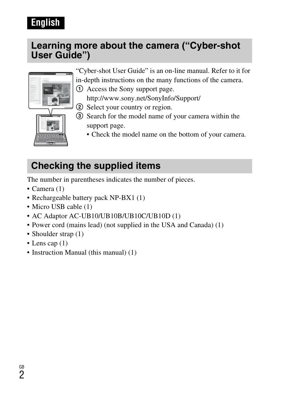 English, Checking the supplied items | Sony DSC-HX300 User Manual | Page 2 / 68
