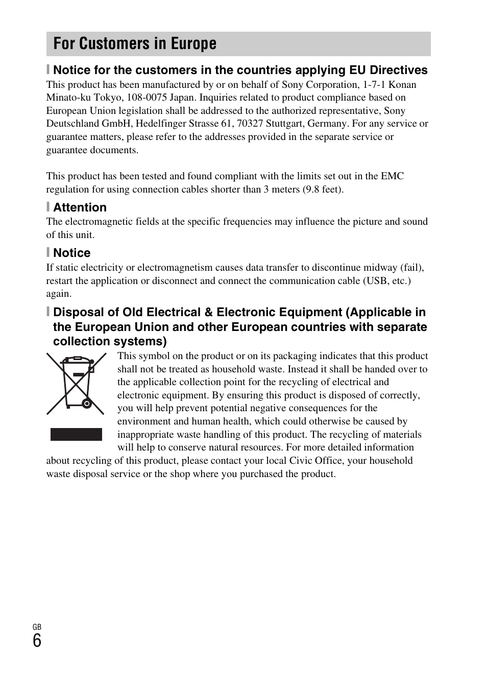 For customers in europe | Sony DSC-HX300 User Manual | Page 6 / 68