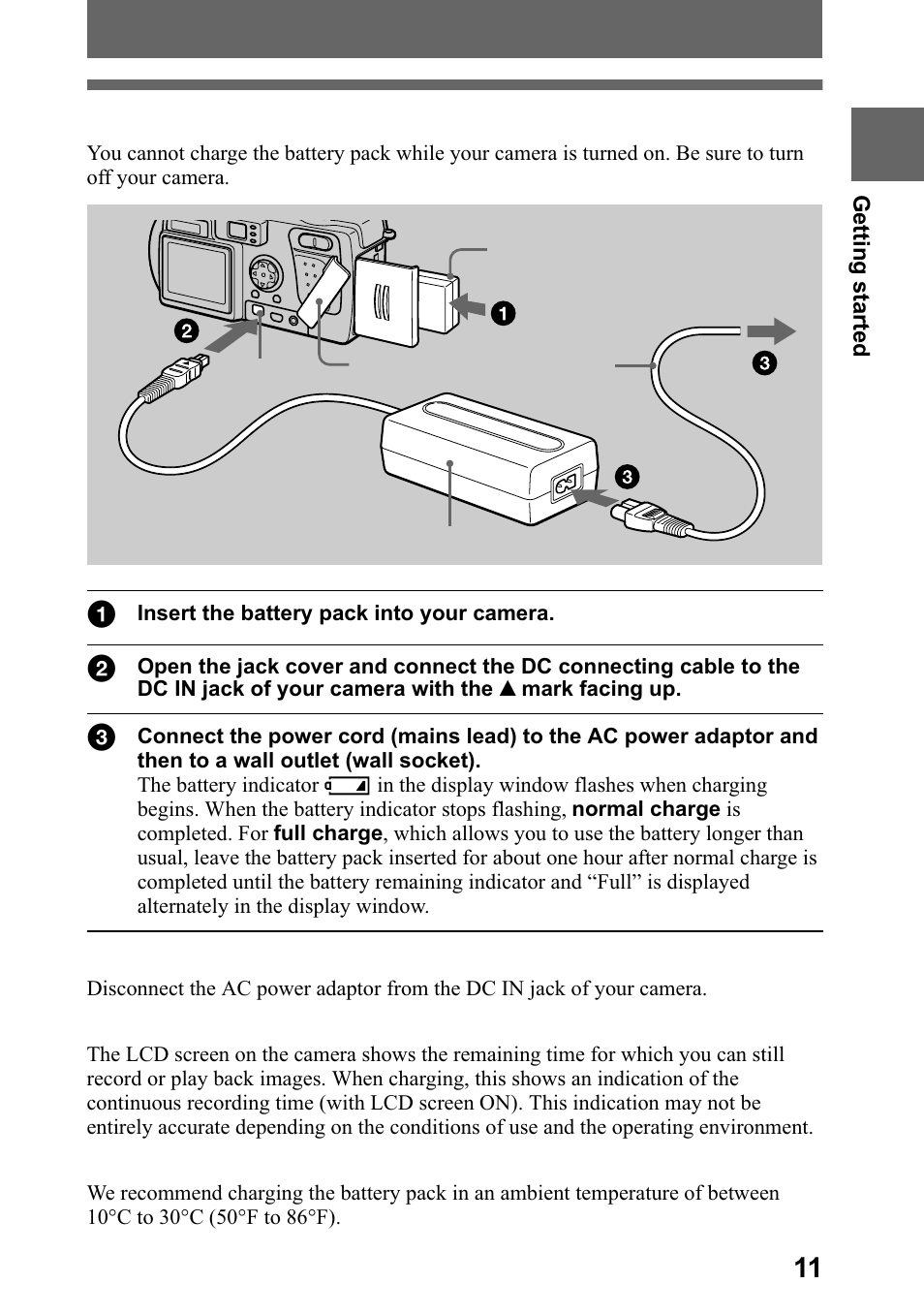 Charging the battery pack | Sony DSC-P5 User Manual | Page 11 / 100