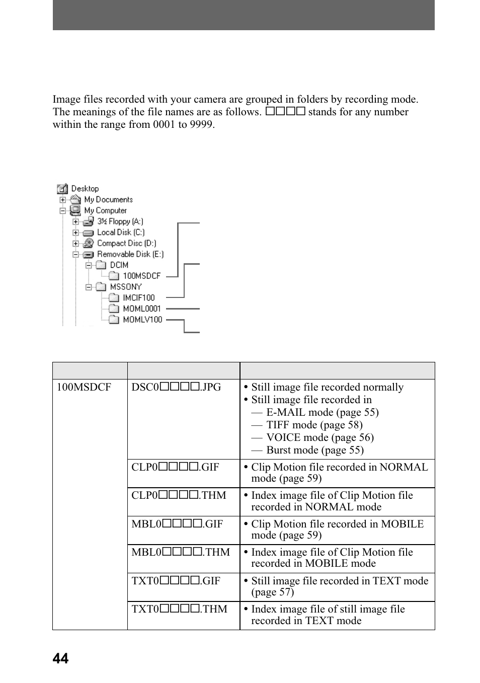 Image file storage destinations and image files, Pdjh iloh vwrudjh ghvwlqdwlrqv dqg, Lpdjh ilohv | Sony DSC-P5 User Manual | Page 44 / 100