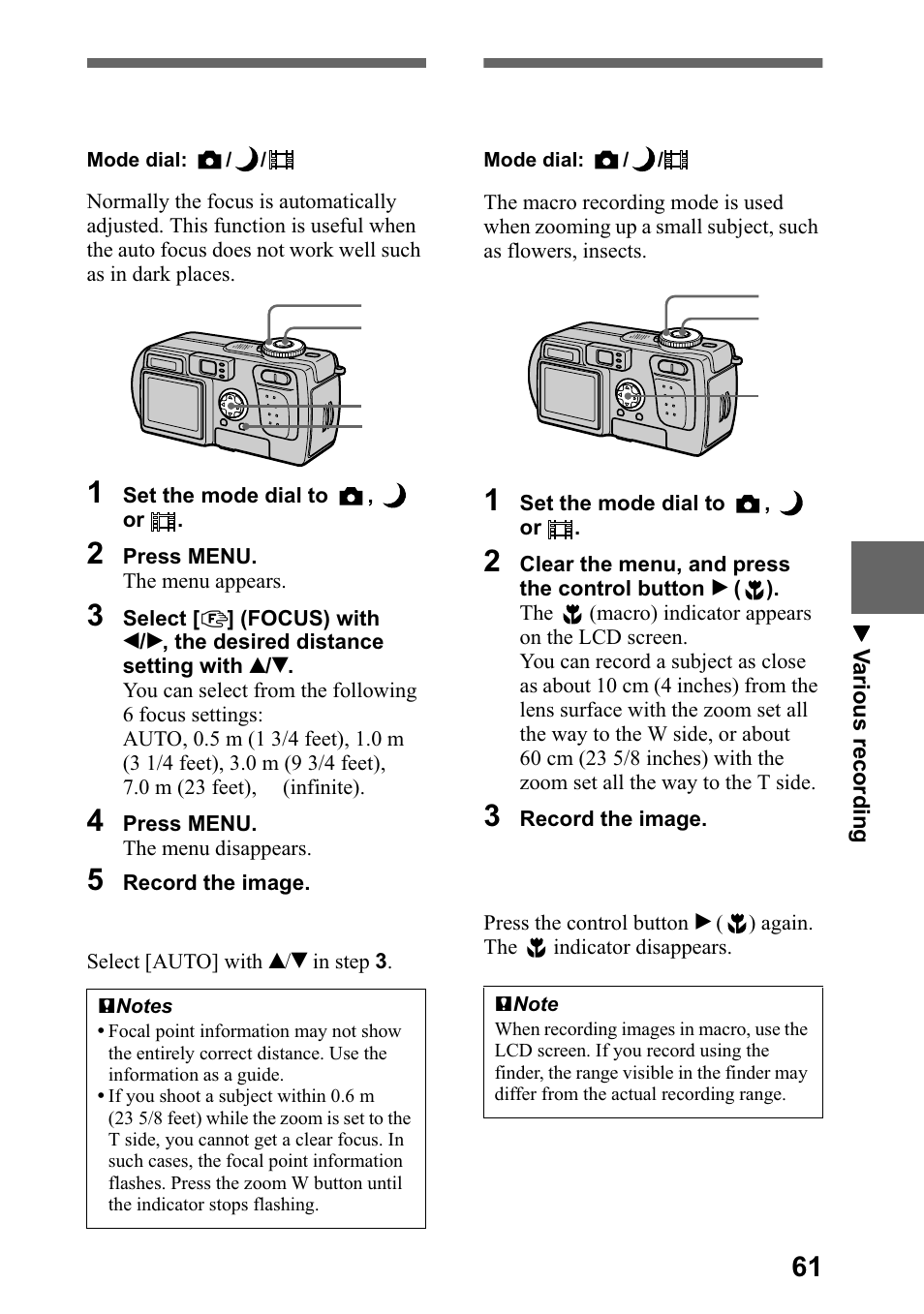 Setting the distance to the subject, Recording images at close range (macro), Sdjh | Sony DSC-P5 User Manual | Page 61 / 100