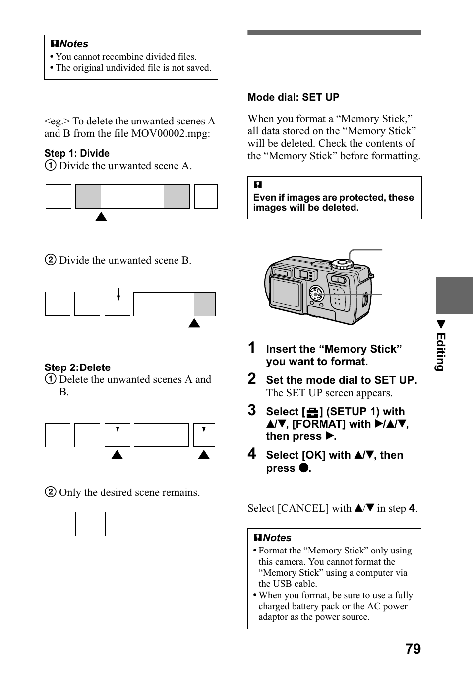 Formatting the “memory stick” (format), Rupdwwlqj wkh ³0hpru\ 6wlfn | Sony DSC-P5 User Manual | Page 79 / 100