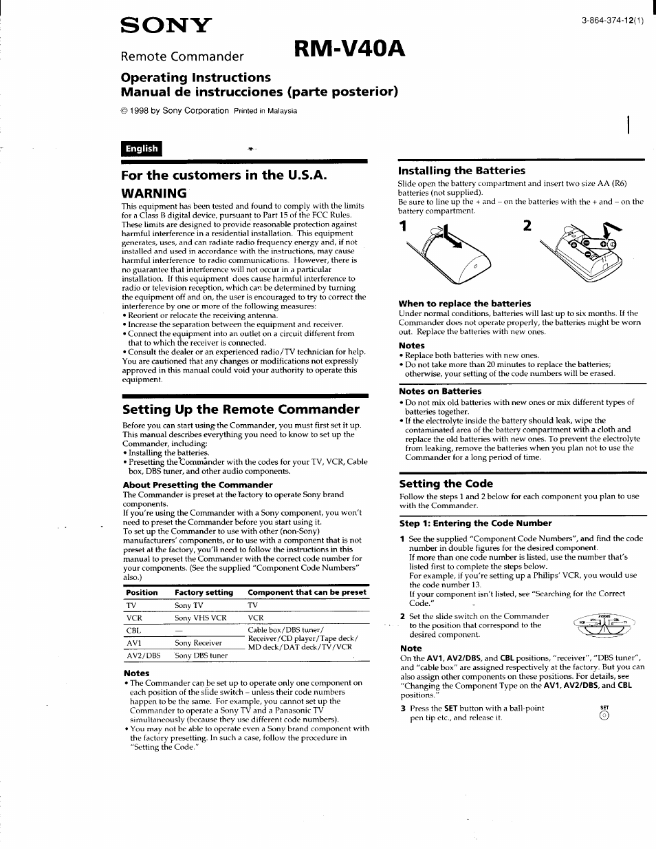 Sony RM-V40A User Manual | 12 pages