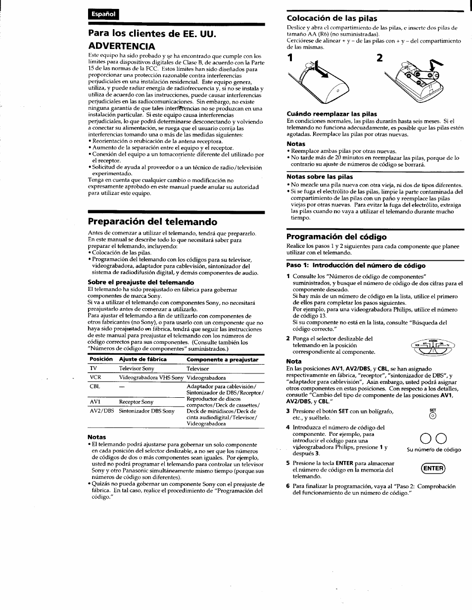 Español, Notas, Notas sobre las pilas | Paso 1: introducción del número de código, Nota, Para los dientes de ee. uu. advertencia, Preparación del telemando | Sony RM-V40A User Manual | Page 5 / 12