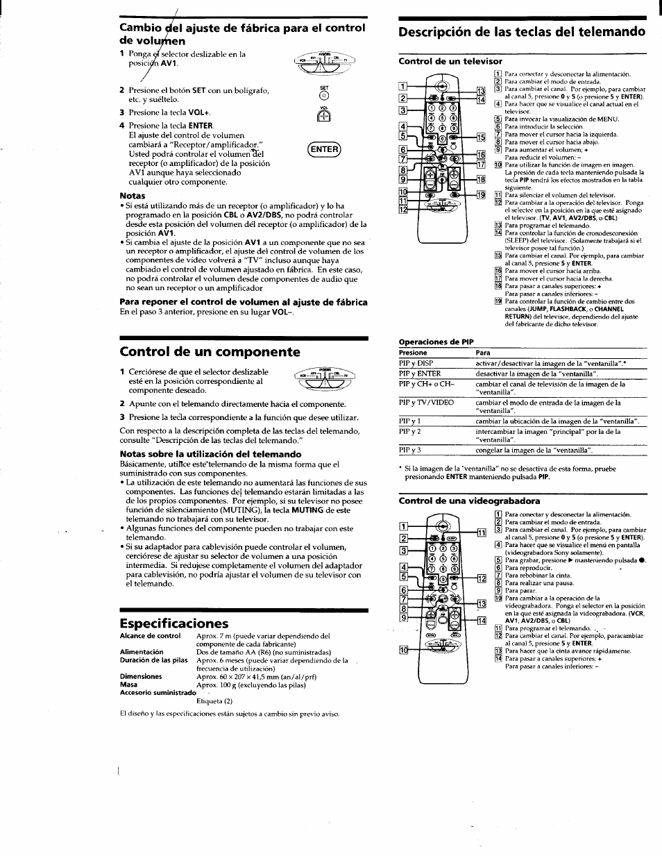 Notas, Control de un televisor, Control de una videograbadora | Control de un componente, Especificaciones, Descripción de las teclas del telemando | Sony RM-V40A User Manual | Page 7 / 12