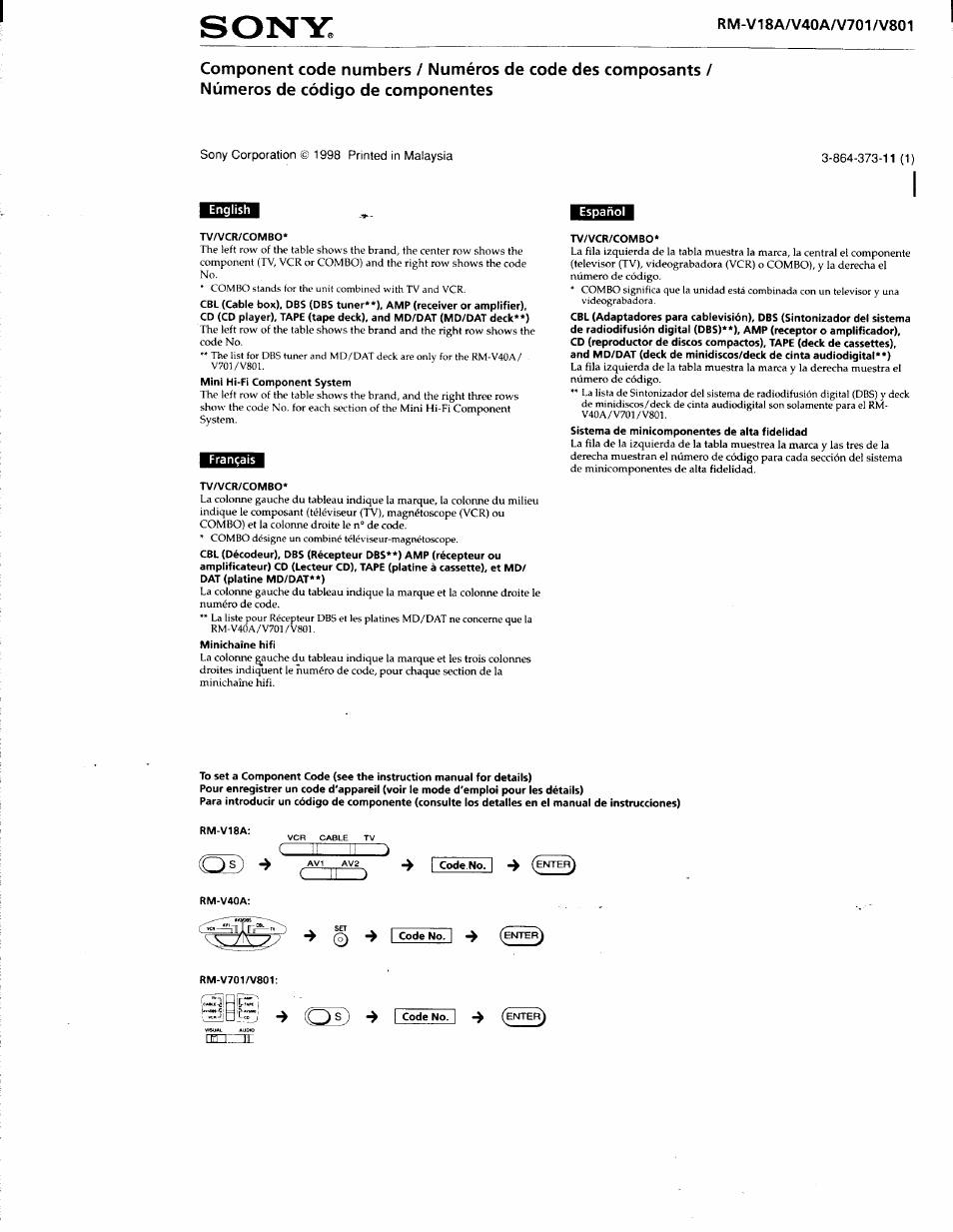 Français, Español | Sony RM-V40A User Manual | Page 9 / 12