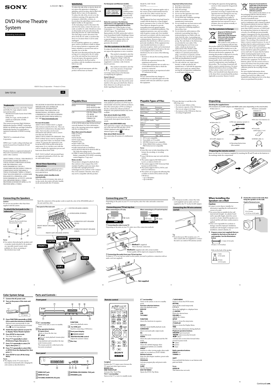 Sony DAV-TZ130 User Manual | 2 pages