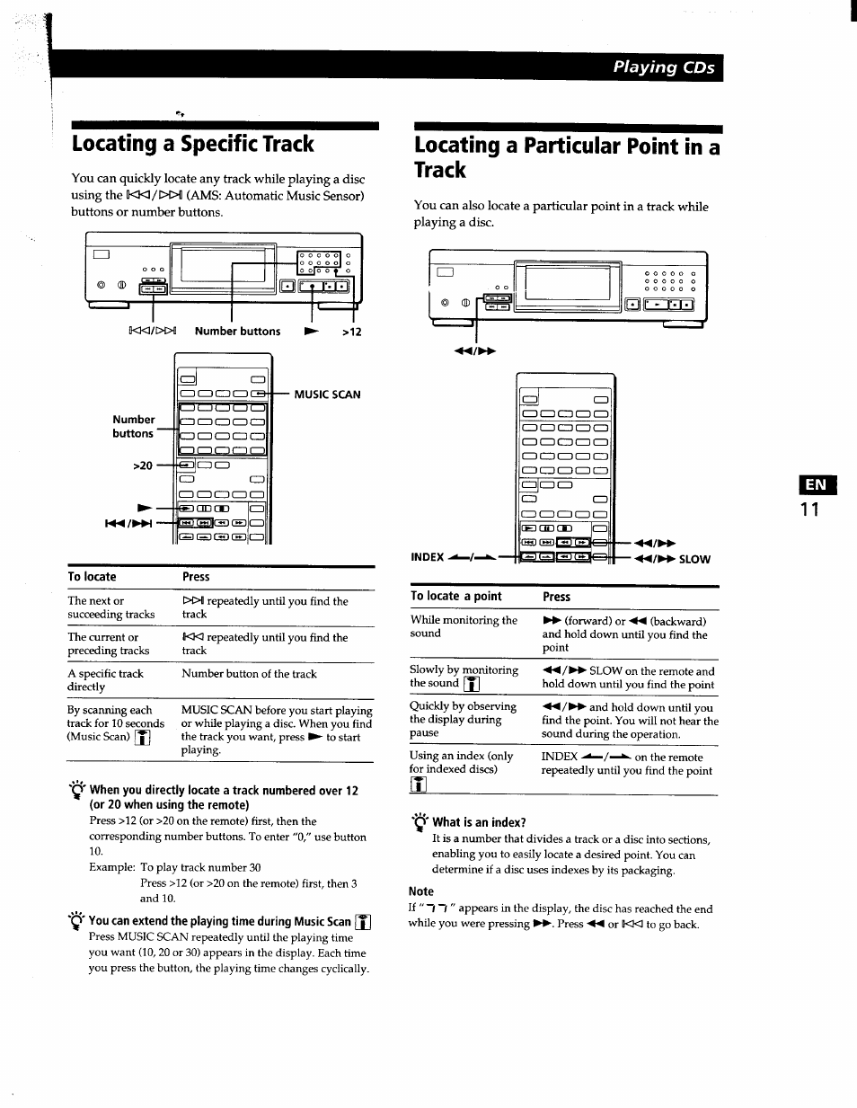 Locating a specific track, Number buttons, Music scan | Locating a particular point in a track, What is an index, Note, Playing cds | Sony CDP-XA7ES User Manual | Page 11 / 93