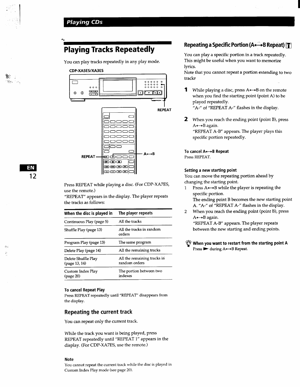 Playing tracks repeatedly, Repeating a specific portion (a-*—pb repeat) [x, To cancel a<—>b repeat | Setting a new starting point, When you want to restart from the starting point a, Repeating the current track, Note, Playing cds, Repeating a specific portion (a, B repeat) [x | Sony CDP-XA7ES User Manual | Page 12 / 93