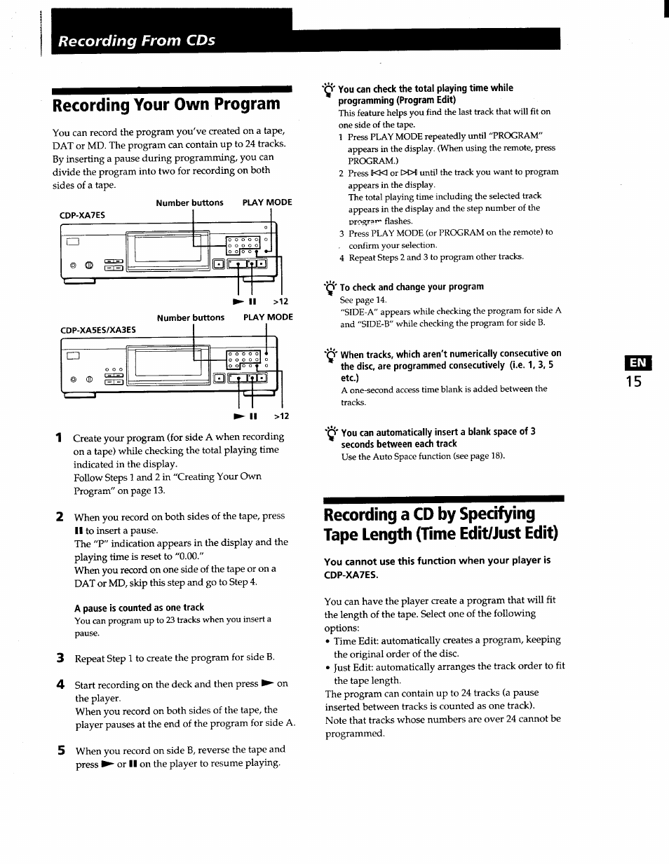 Recording your own program, Recording from cds | Sony CDP-XA7ES User Manual | Page 15 / 93